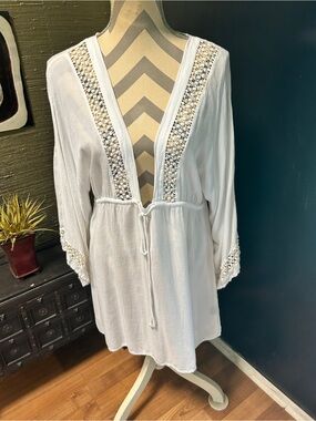RAVIVA White Cotton Boho Top Ladies V-Neck Bathing Suit Cover Up Preowned Large